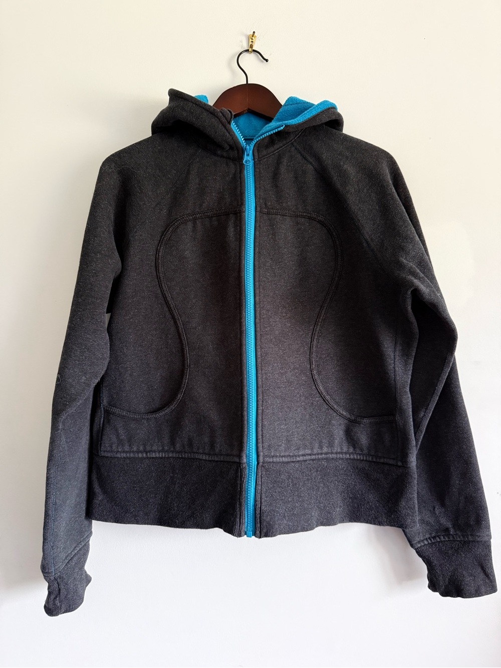 lululemon athletica Charcoal Hooded Jacket with Bright Blue Trim